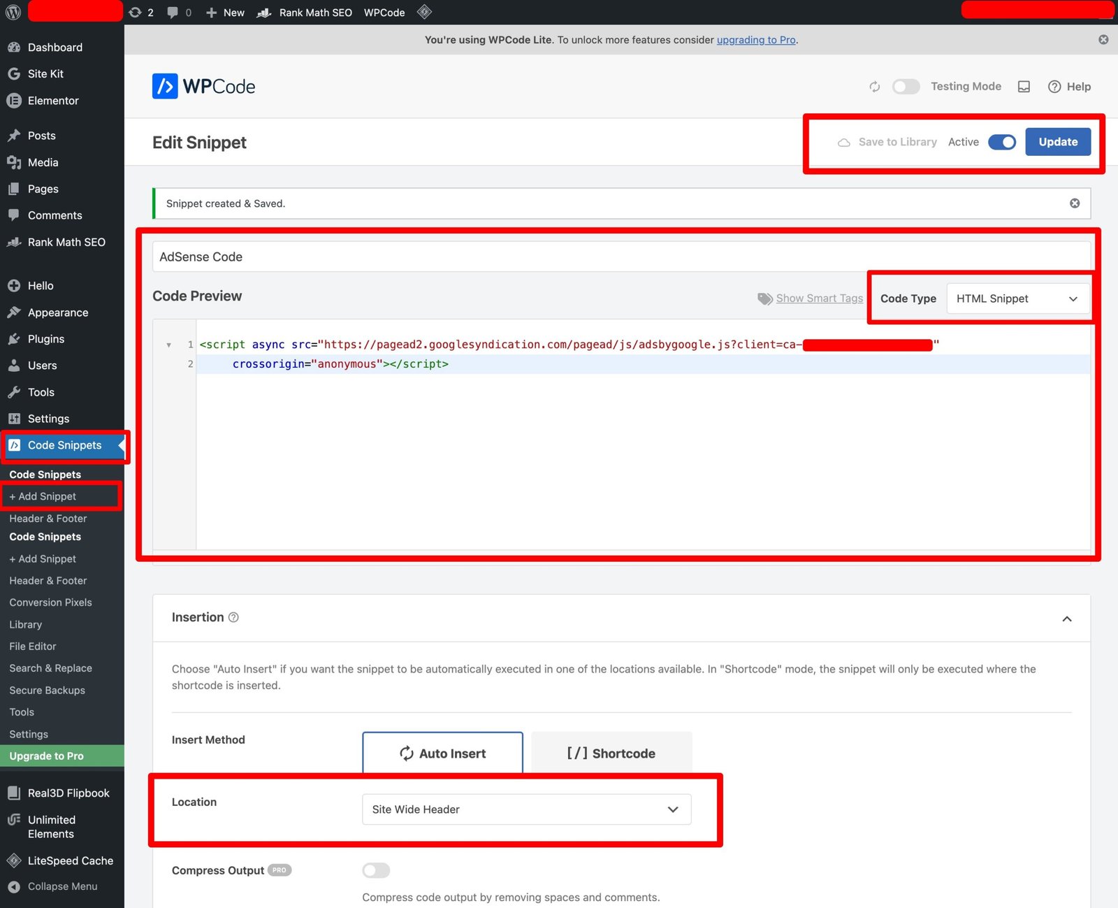 Copy and paste the AdSense code in between the head tags of your site