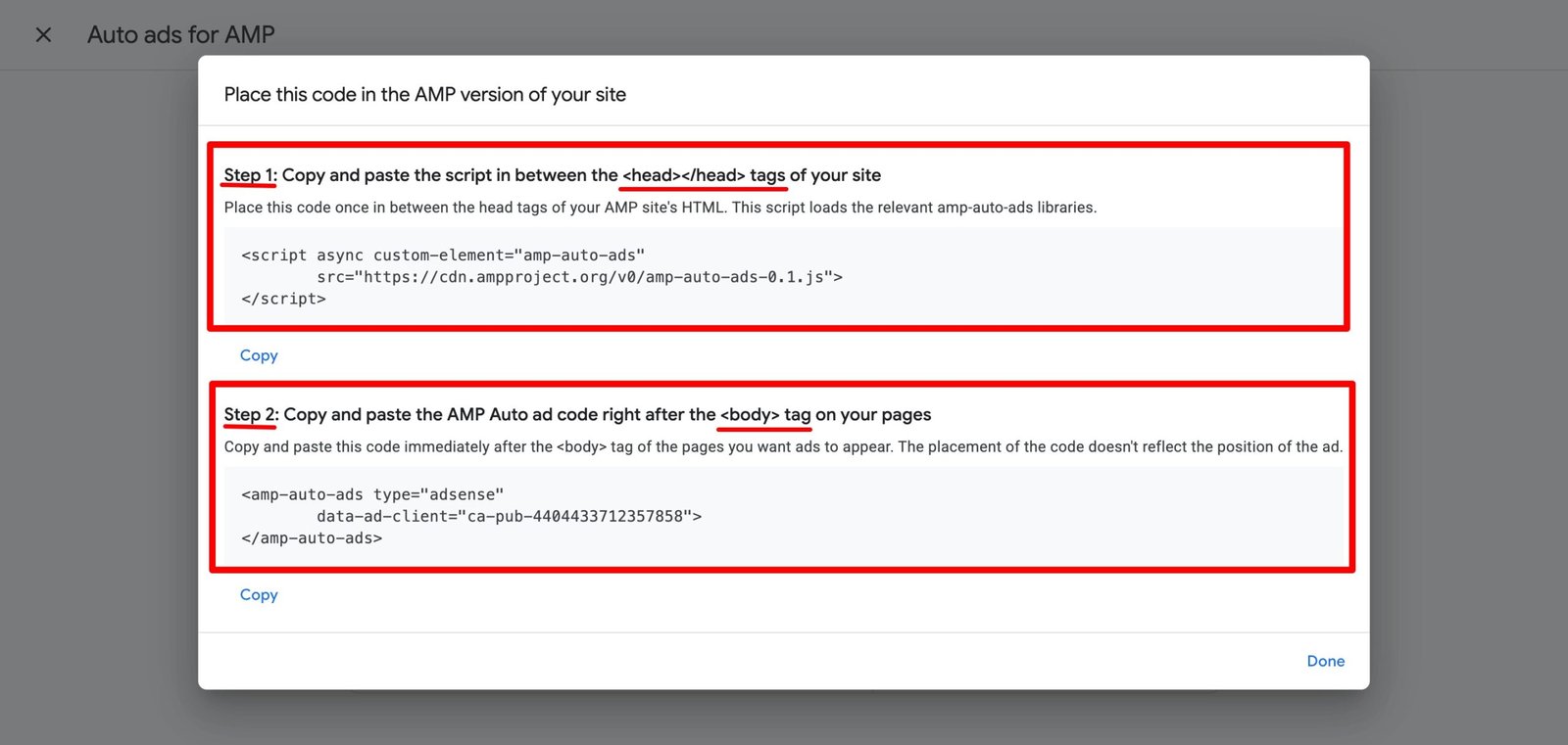 Set up Auto ads and implements codes for AMP